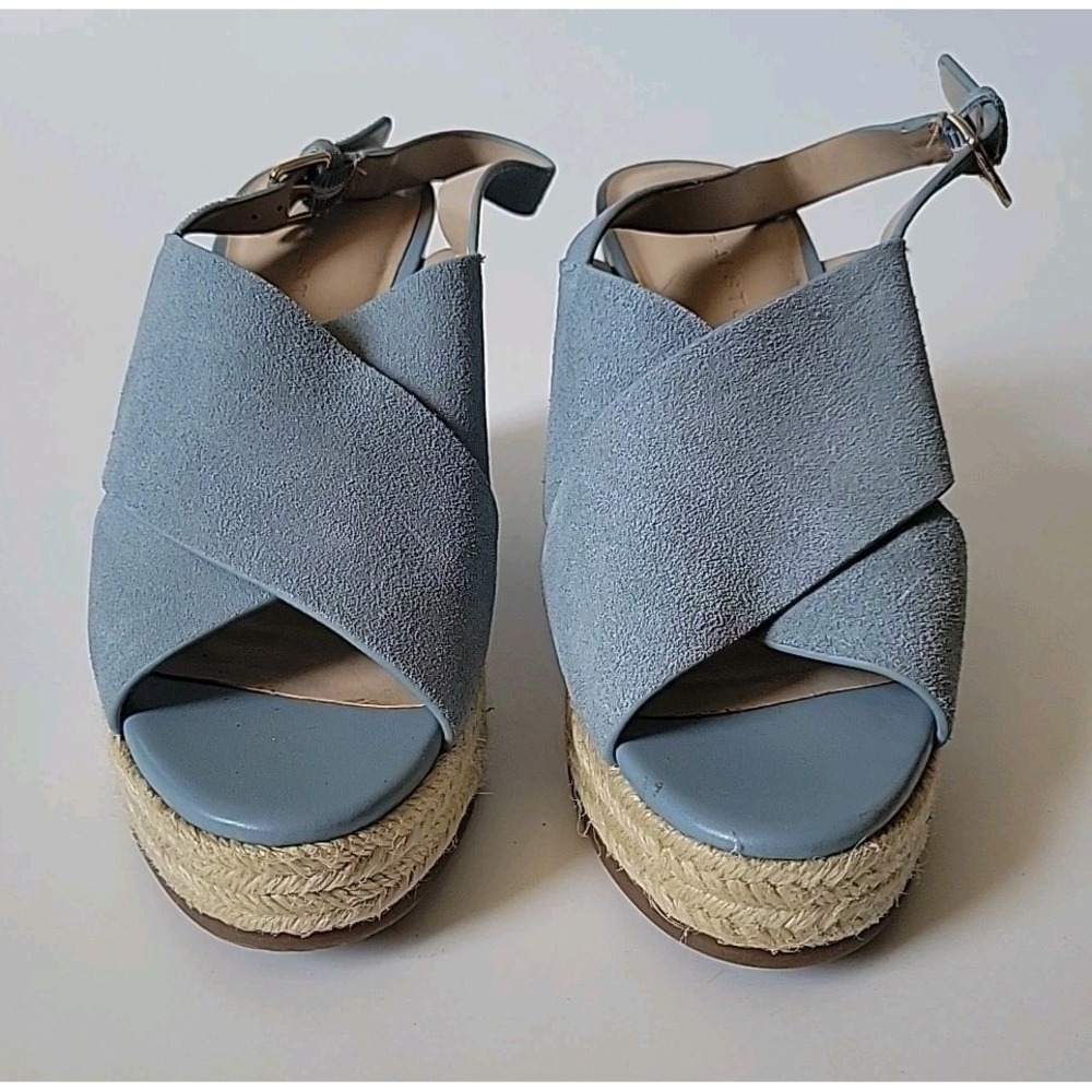 H Halston Stella Slingback Sandals 8.5M Powder Blue Suede Chambray Wedge Heel - Picture 3 of 16